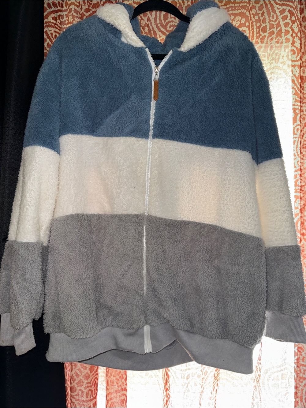 Cozy Plush Colorblock Zip Hoodie in Blue, Cream & Gray